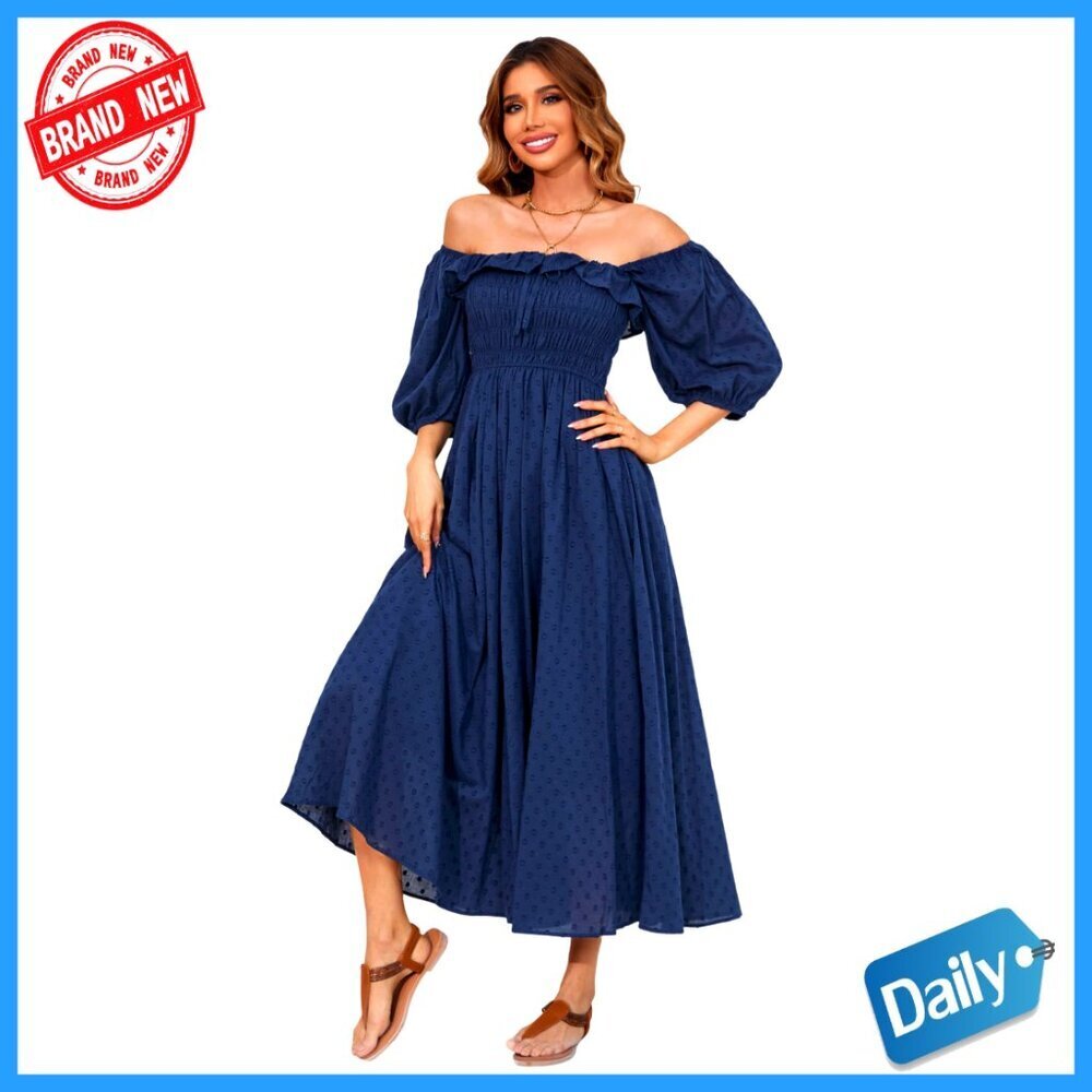 Cotton Ruffled Backless A-Line Midi Dress with Puff Sleeves